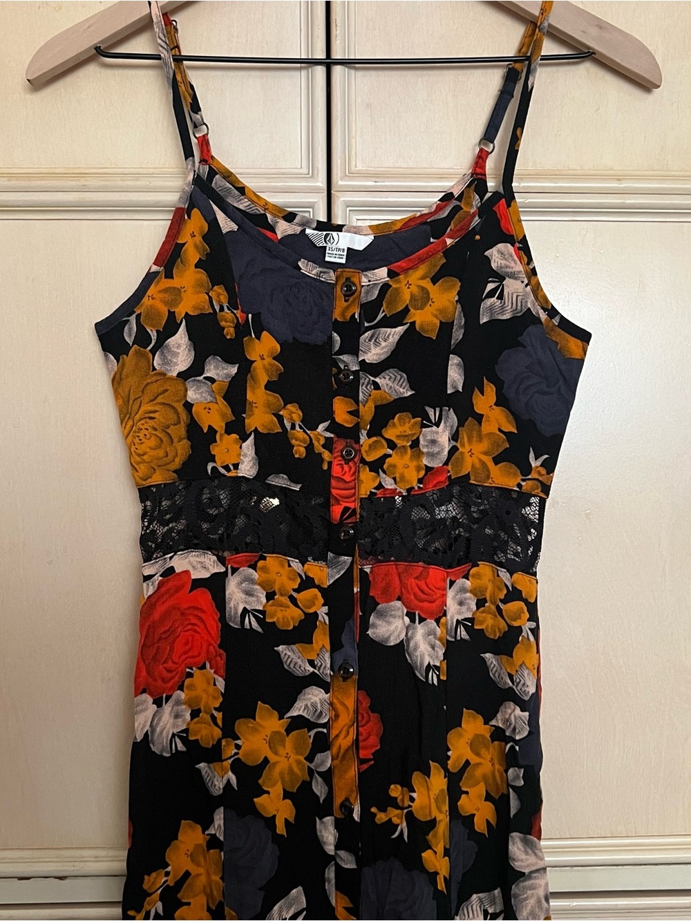 Volcom Black Floral Maxi Dress with Mustard & Red Accents